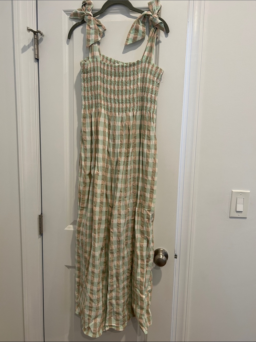 Mango Green and Cream Gingham Tie-Shoulder Maxi Dress